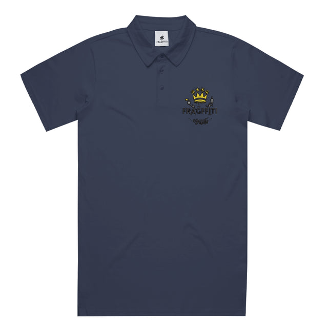 Unisex Chad Polo in Navy with Fragfitti™ crown embroidery, front view.