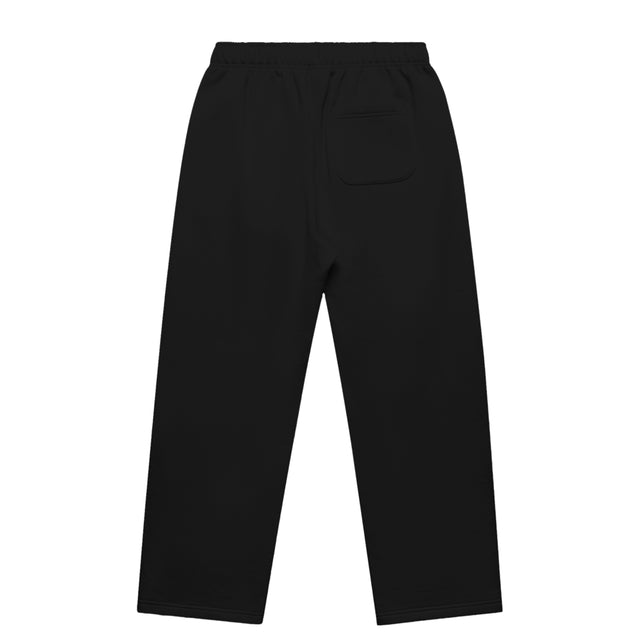 Unisex cuffless track pants in black with crown embroidery – back view
