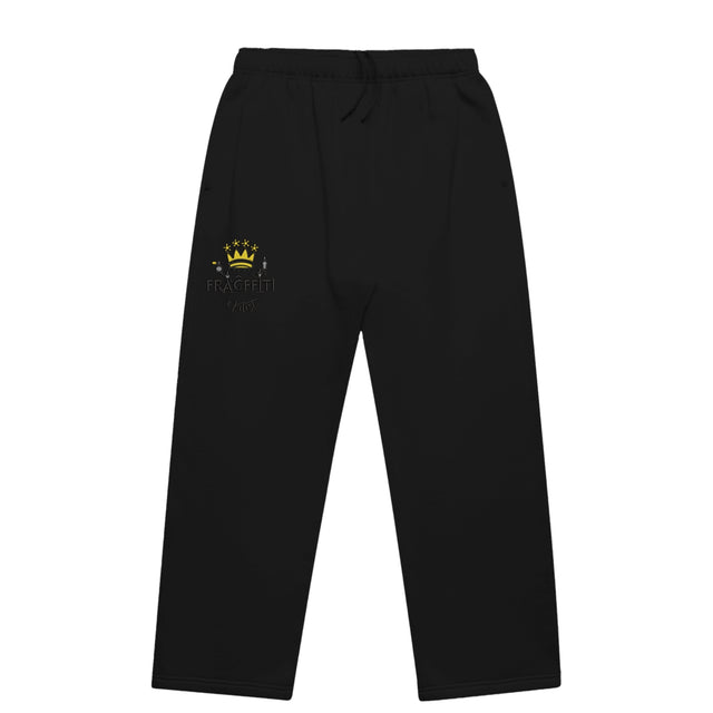 Unisex cuffless track pants in black with crown embroidery – front view