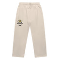 Unisex cuffless track pants in bone with crown embroidery – front view