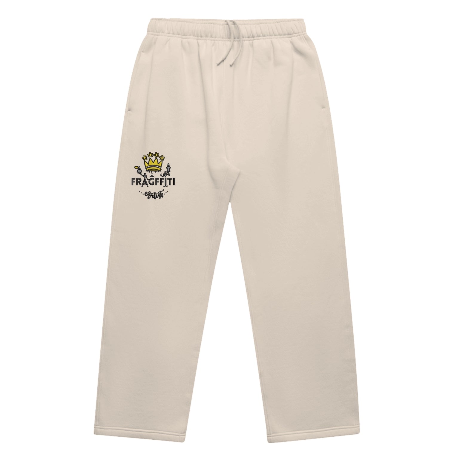 Unisex cuffless track pants in bone with crown embroidery – front view