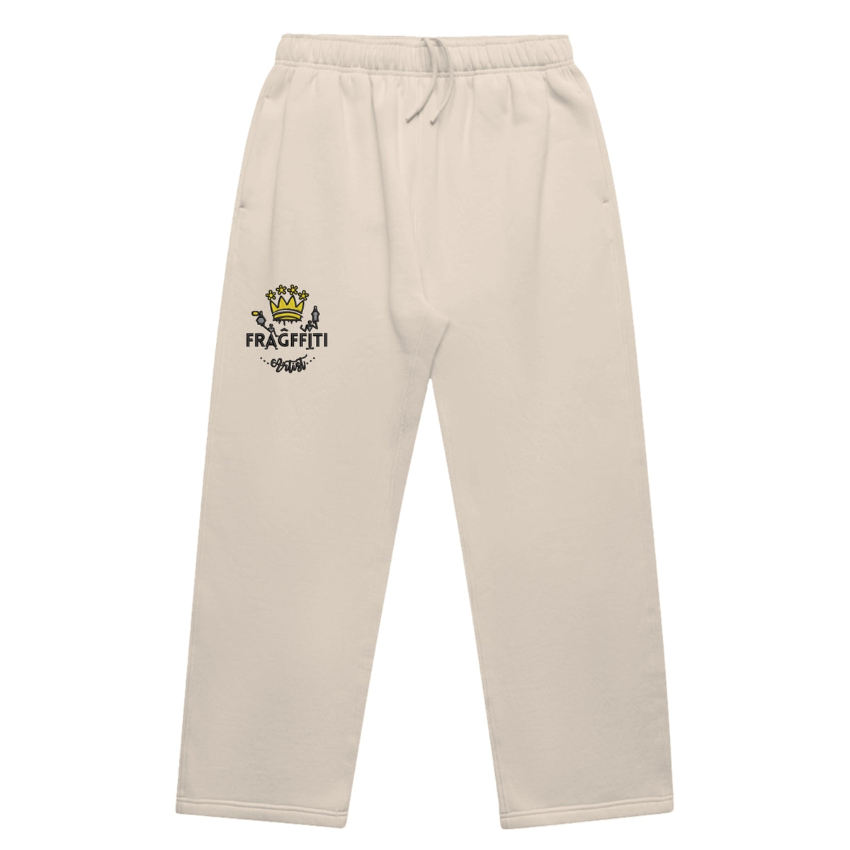 Unisex cuffless track pants in bone with crown embroidery – front view