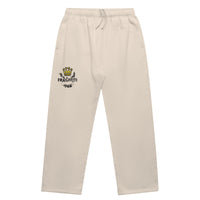 Unisex cuffless track pants in bone with crown embroidery – front view