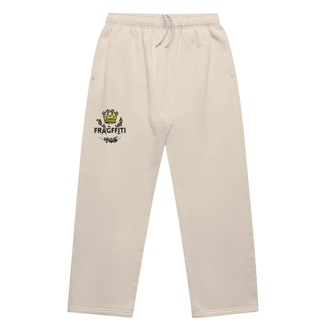 Unisex cuffless track pants in bone with crown embroidery – front view