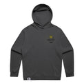 Unisex Fraĝffiti Relax Faded Hoodie in Faded Black – Front View – Featuring Fraĝffiti Crown Embroidery