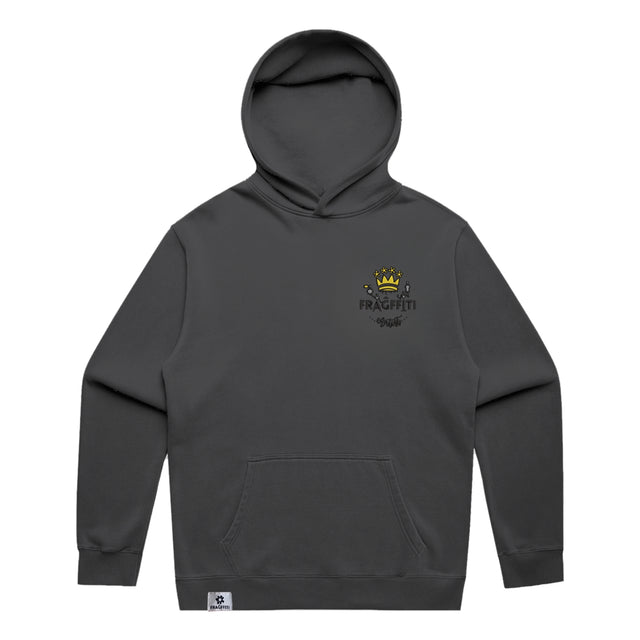 Unisex Fraĝffiti Relax Faded Hoodie in Faded Black – Front View – Featuring Fraĝffiti Crown Embroidery