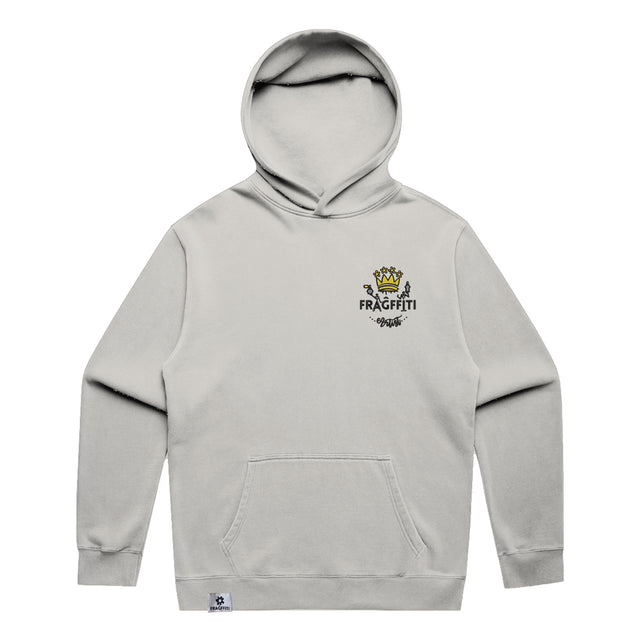 Unisex Fraĝffiti Relax Faded Hoodie in Faded Bone – Front View – Featuring Fraĝffiti Crown Embroidery