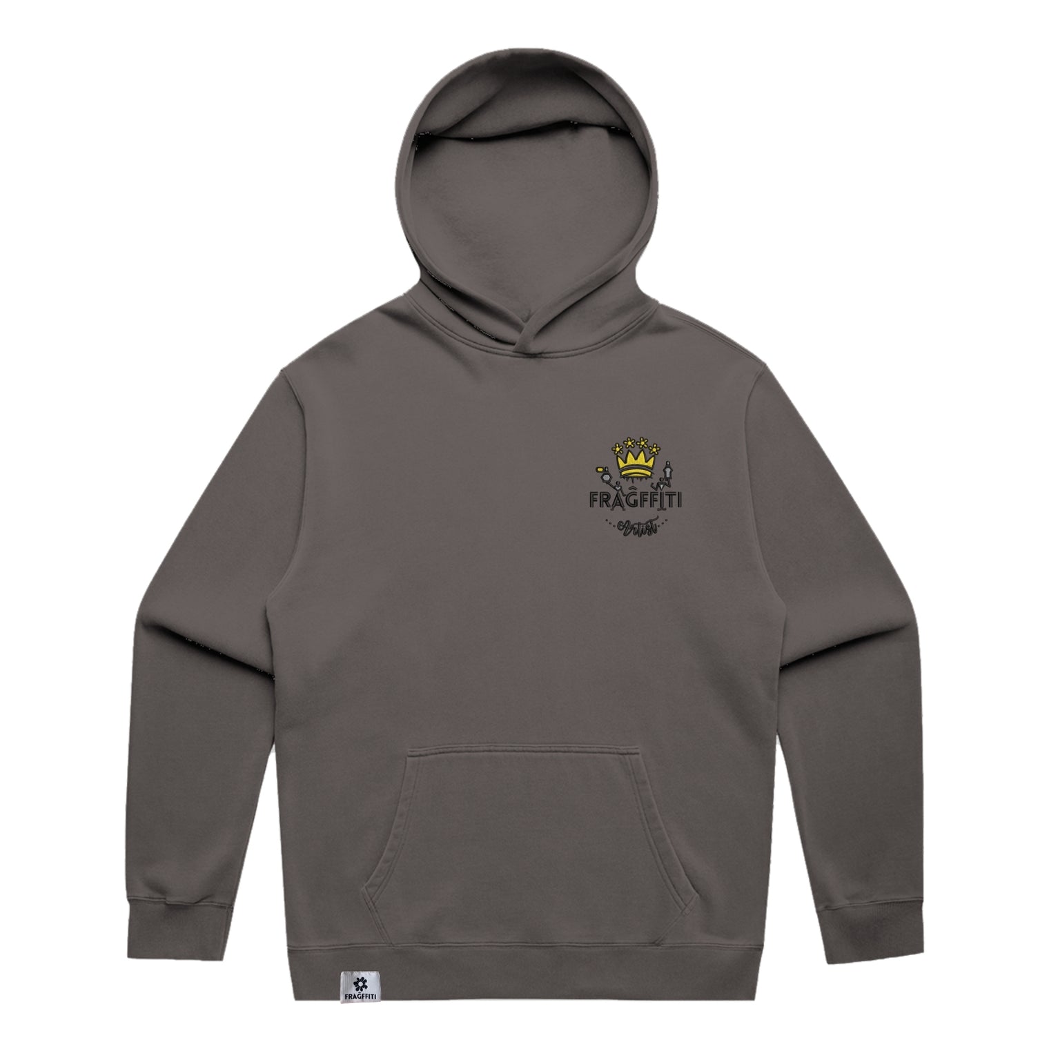 Unisex Fraĝffiti Relax Faded Hoodie in Faded Grey – Front View – Featuring Fraĝffiti Crown Embroidery