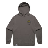 Unisex Fraĝffiti Relax Faded Hoodie in Faded Grey – Front View – Featuring Fraĝffiti Crown Embroidery