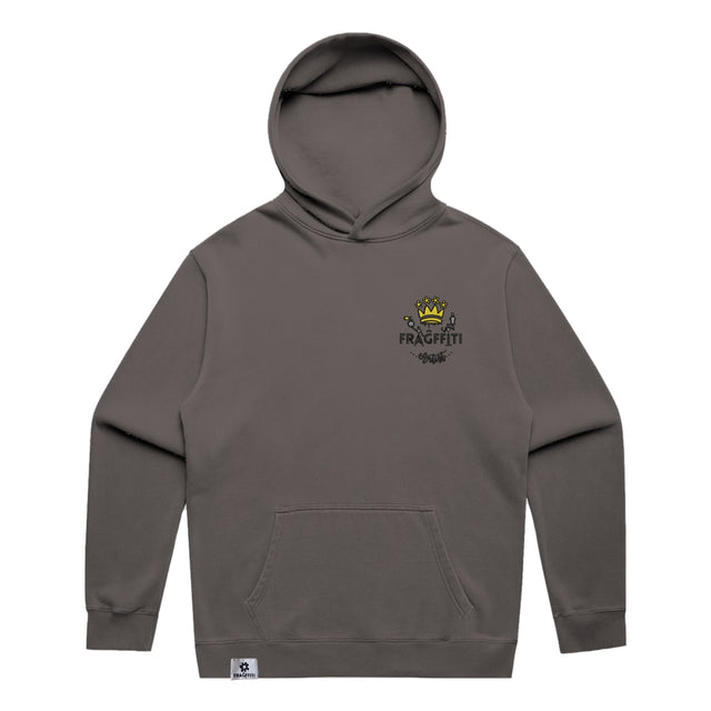 Unisex Fraĝffiti Relax Faded Hoodie in Faded Grey – Front View – Featuring Fraĝffiti Crown Embroidery