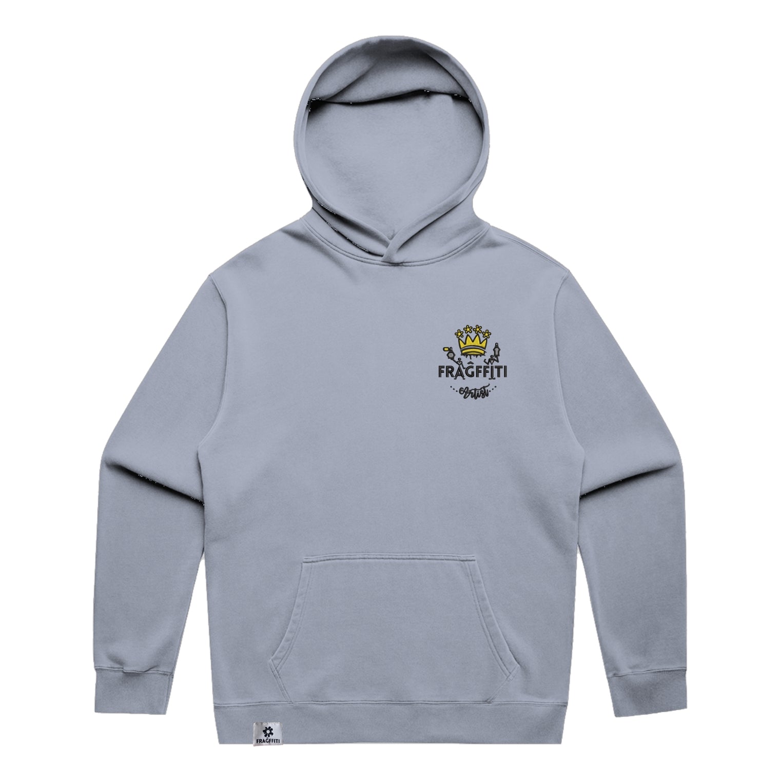 Unisex Fraĝffiti Relax Faded Hoodie in Faded Powder – Front View – Featuring Fraĝffiti Crown Embroidery