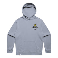 Unisex Fraĝffiti Relax Faded Hoodie in Faded Powder – Front View – Featuring Fraĝffiti Crown Embroidery