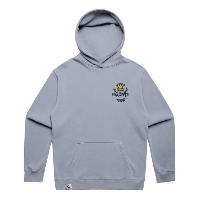 Unisex Fraĝffiti Relax Faded Hoodie in Faded Powder – Front View – Featuring Fraĝffiti Crown Embroidery