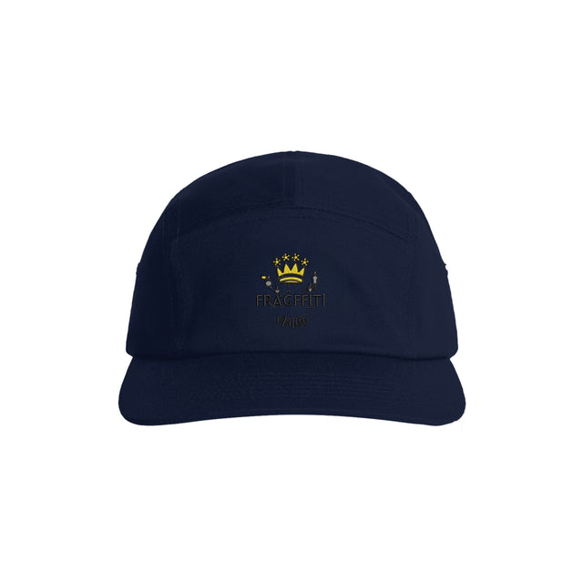 Unisex Finn Five Panel Cap in Navy, front view with Fragffiti™ crown embroidery