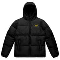Unisex black hooded puffer jacket with Fragffiti crown embroidery on left chest, front view