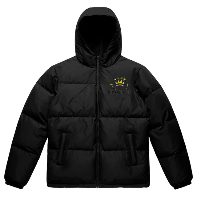 Unisex black hooded puffer jacket with Fragffiti crown embroidery on left chest, front view