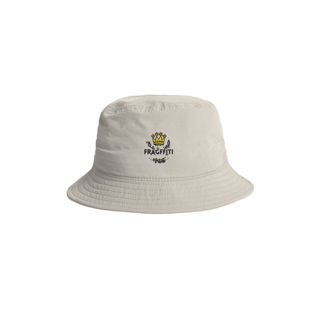 Unisex Nylon Bucket Hat in Ecru, front view with Fragffiti™ crown embroidery