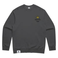 Unisex relax fleece crew in faded black with crown embroidery (front)