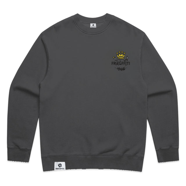 Unisex relax fleece crew in faded black with crown embroidery (front)