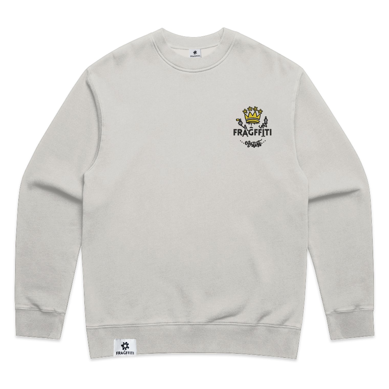 Unisex relax fleece crew in faded bone with crown embroidery (front)