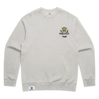 Unisex relax fleece crew in faded bone with crown embroidery (front)