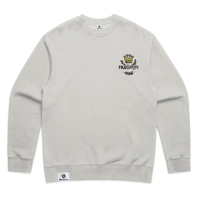 Unisex relax fleece crew in faded bone with crown embroidery (front)