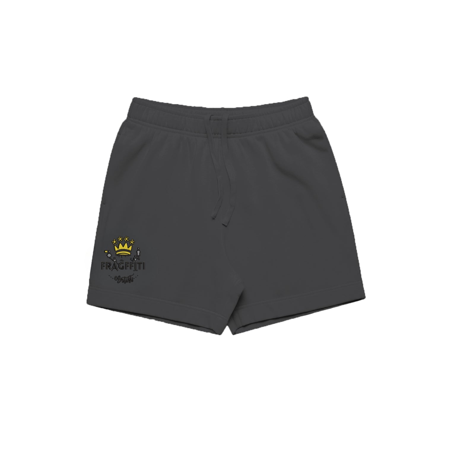 unisex relax faded fleece shorts in faded black with crown embroidery (front)