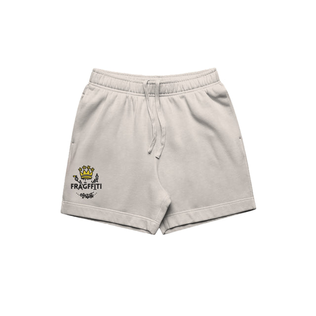 unisex relax faded fleece shorts in faded bone with crown embroidery (front)