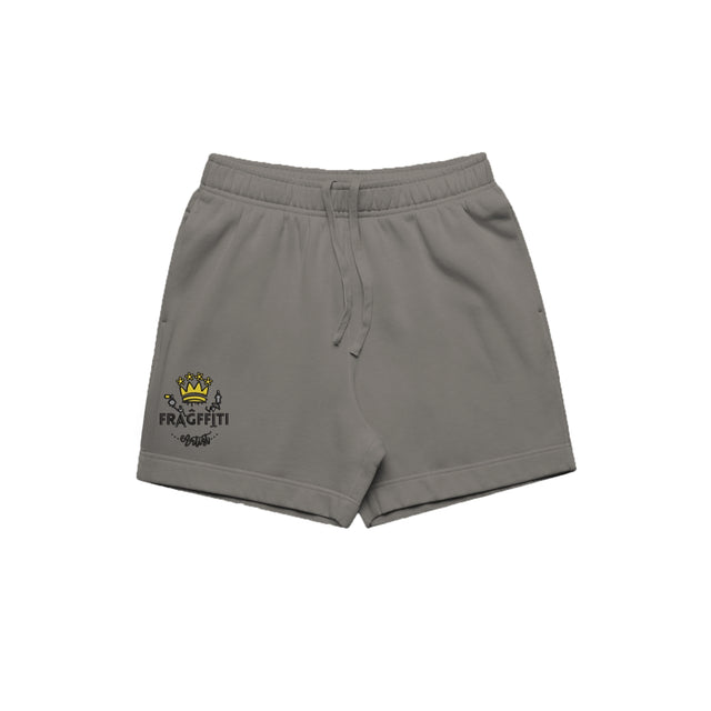 unisex relax faded fleece shorts in faded grey with crown embroidery (front)