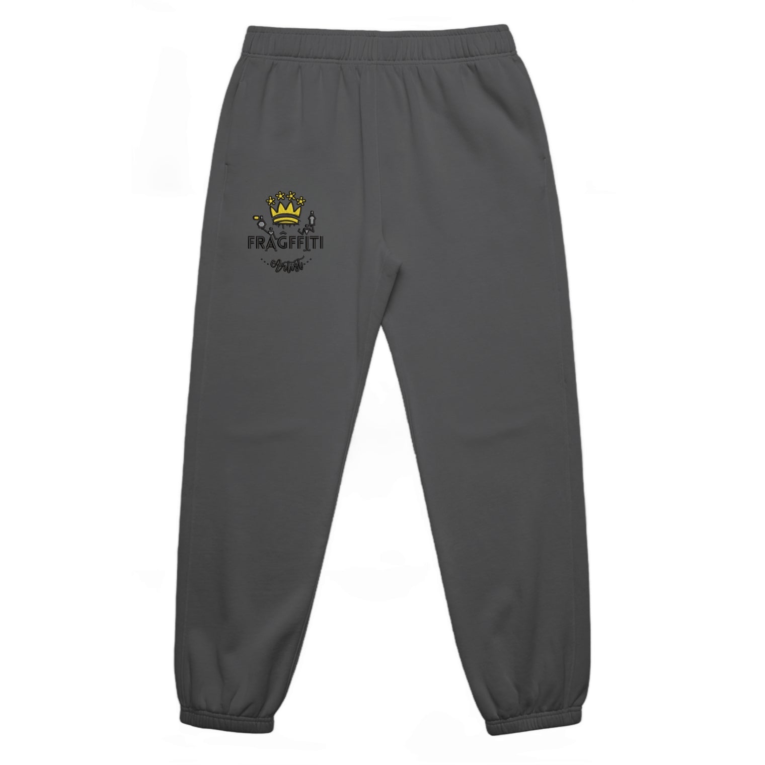 Uniesx relax faded track pants in faded black with crown embroidery – front view