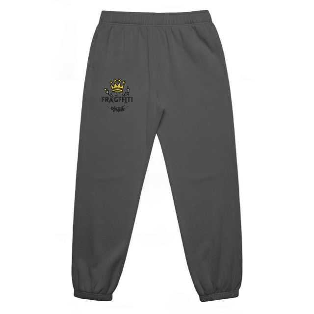 Uniesx relax faded track pants in faded black with crown embroidery – front view