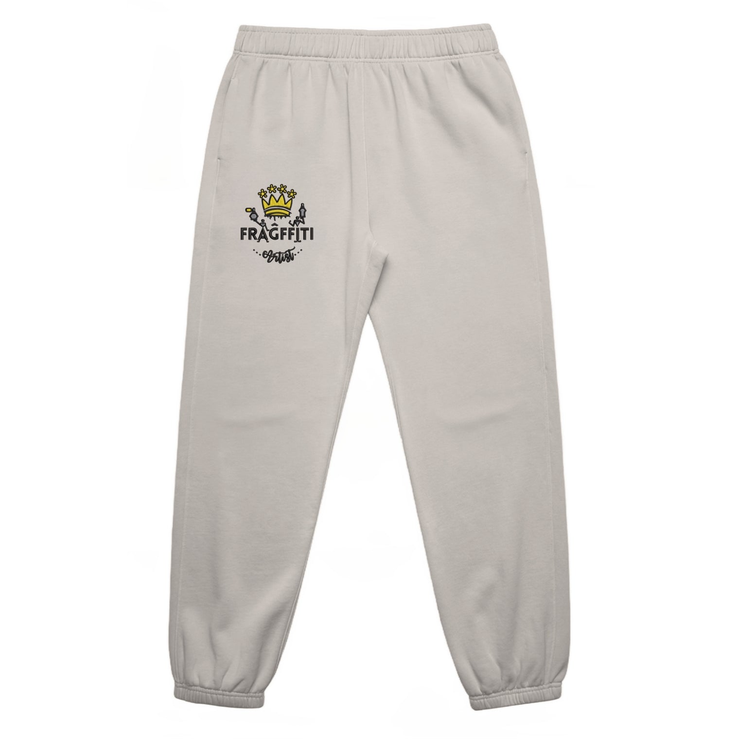 Unisex relax faded track pants in faded bone with crown embroidery – front view