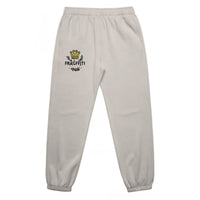 Unisex relax faded track pants in faded bone with crown embroidery – front view