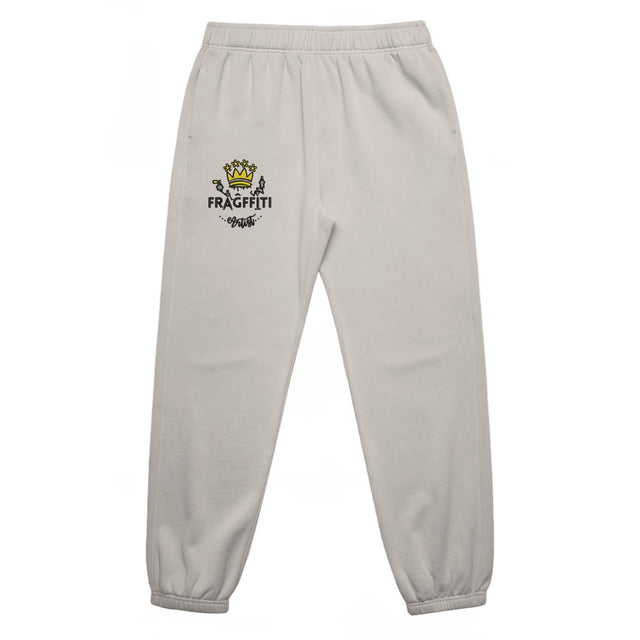 Unisex relax faded track pants in faded bone with crown embroidery – front view