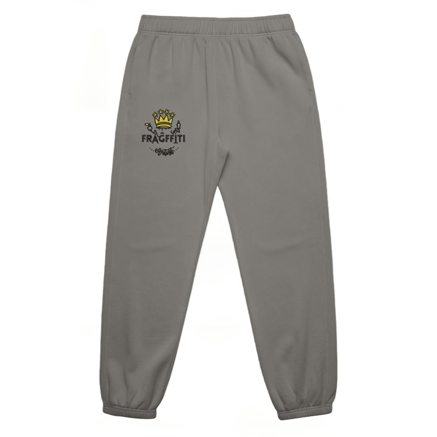 Unisex relax faded track pants in faded grey with crown embroidery – front view