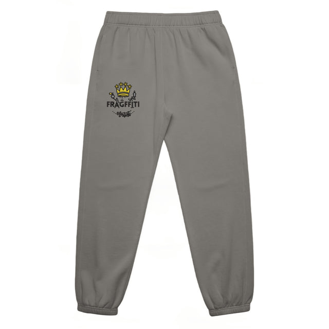 Unisex relax faded track pants in faded grey with crown embroidery – front view