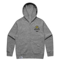 Unisex relax zip hood in athletic heather with crown embroidery (front)