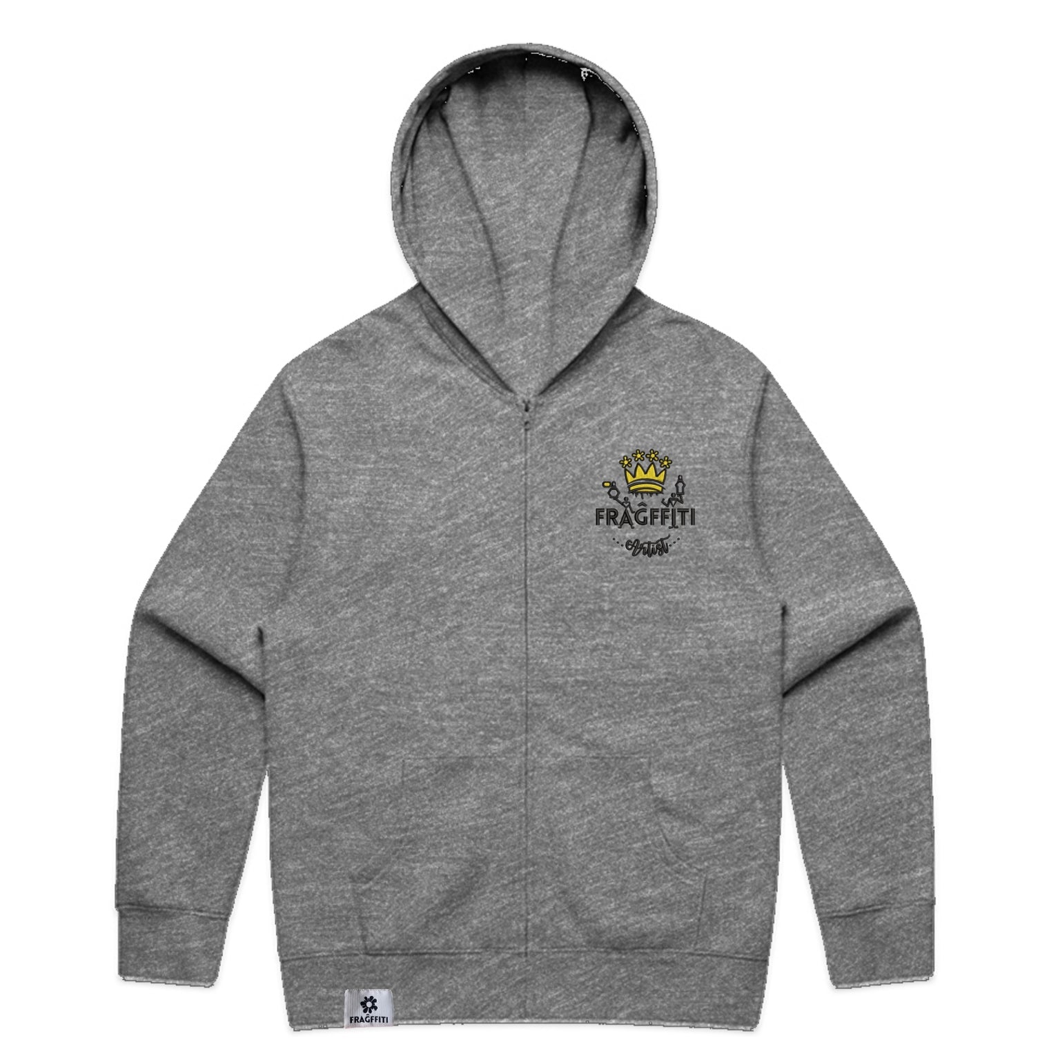 Unisex relax zip hood in athletic heather with crown embroidery (front)