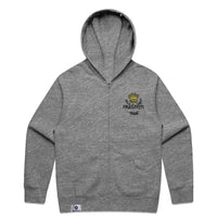 Unisex relax zip hood in athletic heather with crown embroidery (front)
