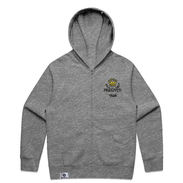 Unisex relax zip hood in athletic heather with crown embroidery (front)