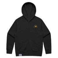 Unisex relax zip hood in black with crown embroidery (front)