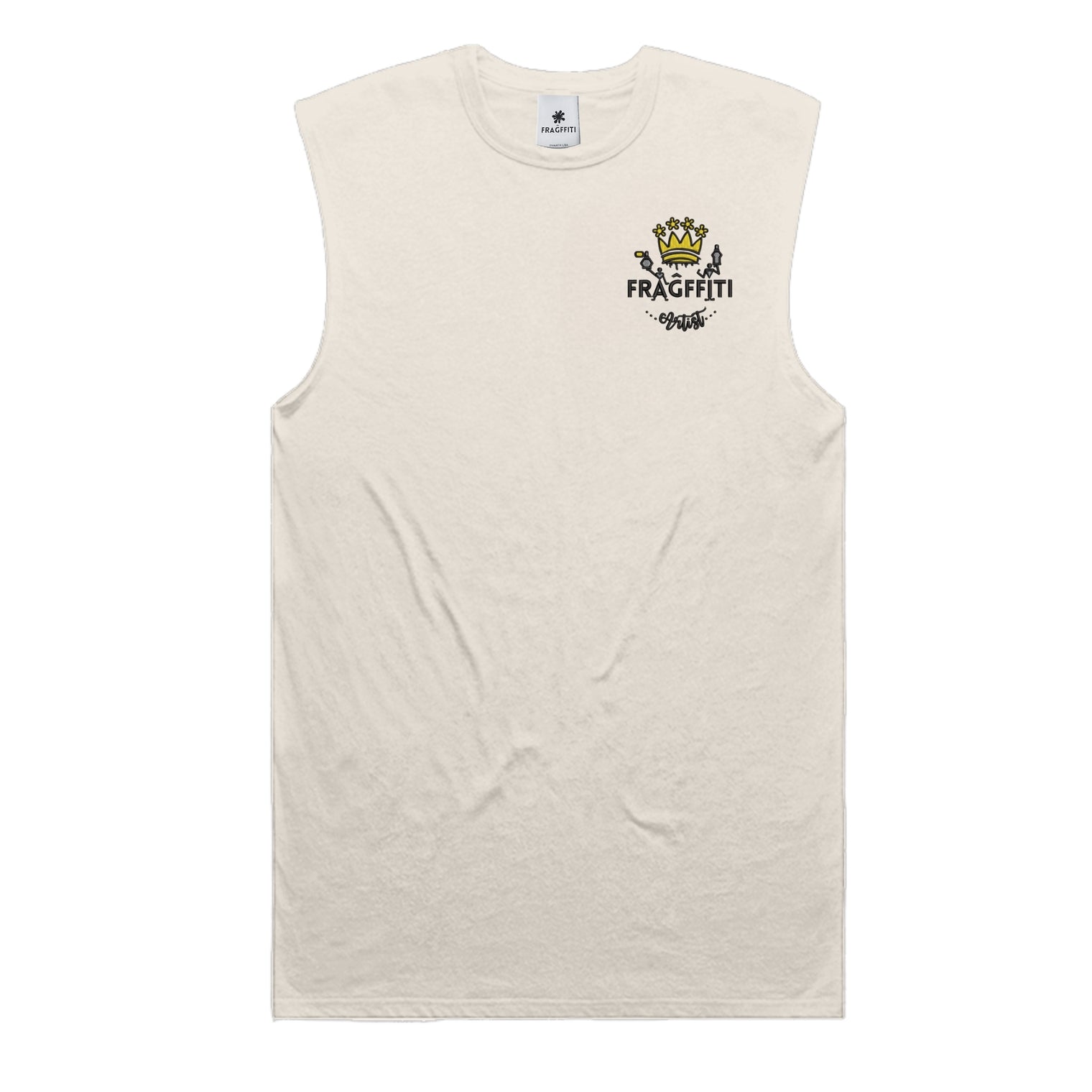 Unisex Staple Active Blend Tank in Ecru, front view with Fragffiti™ crown embroidery