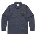 Unisex navy work jacket with Fragffiti crown embroidery on left chest, front view