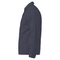 Unisex navy work jacket with Fragffiti crown embroidery on left chest, side view