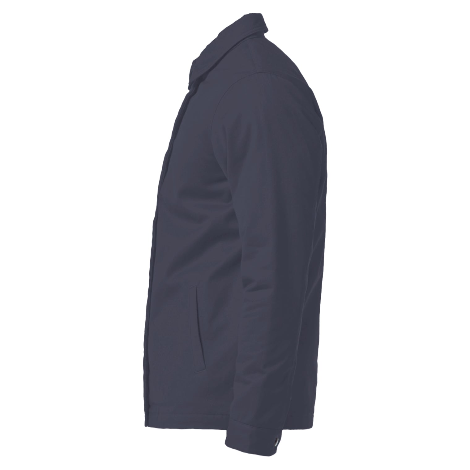 Unisex navy work jacket with Fragffiti crown embroidery on left chest, side view