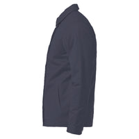 Unisex navy work jacket with Fragffiti crown embroidery on left chest, side view