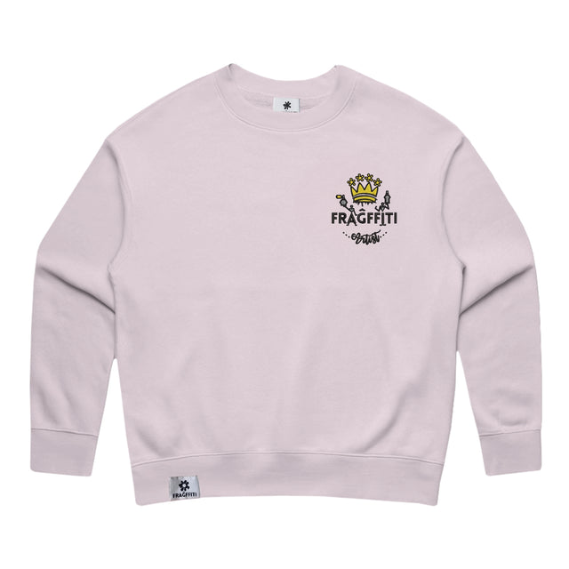 Womens Relax Crew in orchid with crown embroidery (front)