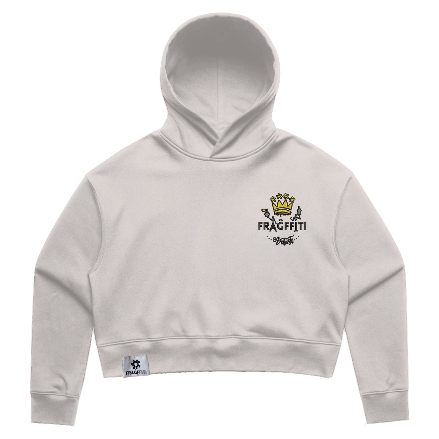 Womens Relax Crop Hood in bone with crown embroidery (front)