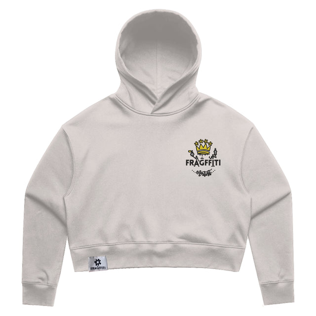 Womens Relax Crop Hood in bone with crown embroidery (front)