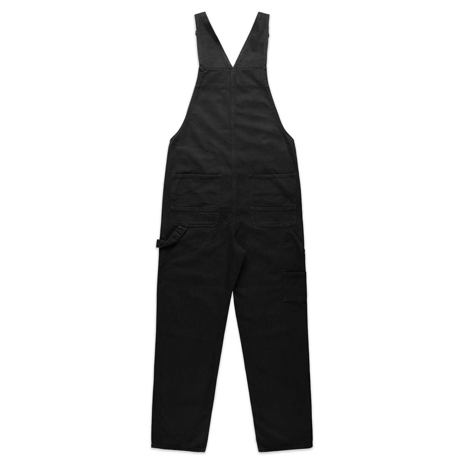 Unisex black canvas overalls with adjustable straps and utility pockets — back view
